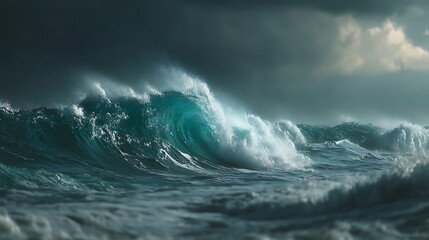 Dramatic ocean wave crests under a stormy sky