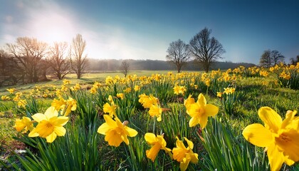 Obraz premium vibrant yellow daffodils blooming in spring meadows