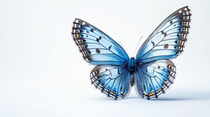 Obraz premium Captivating image of a vibrant blue butterfly with intricate patterned wings against a serene white background showcasing the delicate beauty and ethereal nature of this stunning insect