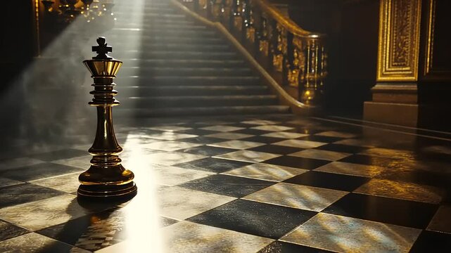 Majestic golden chess piece standing alone on a checkered floor in a grand, illuminated hall