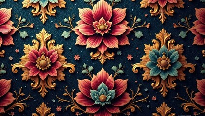 Opulent floral damask, rich color, ornate details , classic, illustration