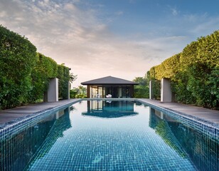 luxurious swimming pool with building surrounded by lush greenery offering serene escape and relaxation