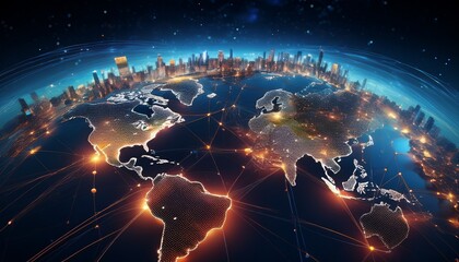 Fototapeta premium a futuristic depiction of earth showcasing illuminated cities and networks emphasizing global connectivity and technology