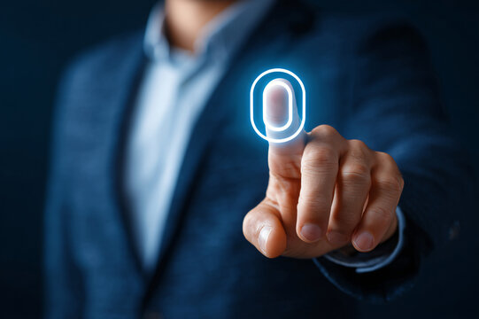 human finger pressing glowing blue submit button on sleek touchscreen interface