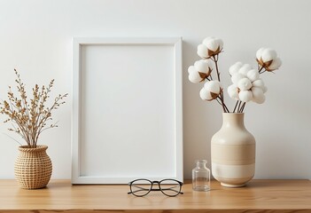 Blank Photo Frame on Stylish Wooden Console with White Decor Elements