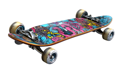 Vibrant Skateboard with Colorful Graffiti Art Design on a Transparent Background
