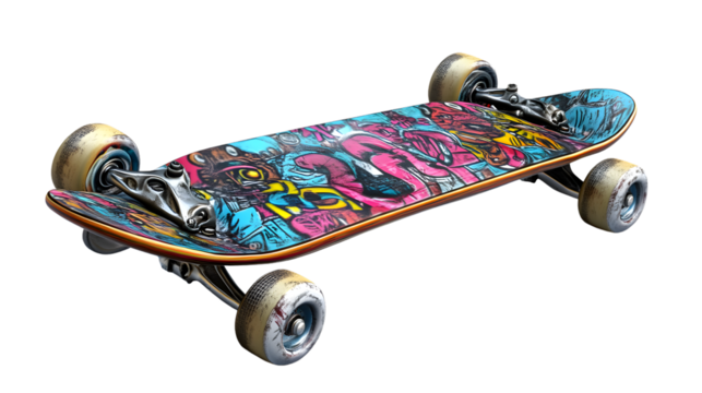 Vibrant Skateboard with Colorful Graffiti Art Design on a Transparent Background