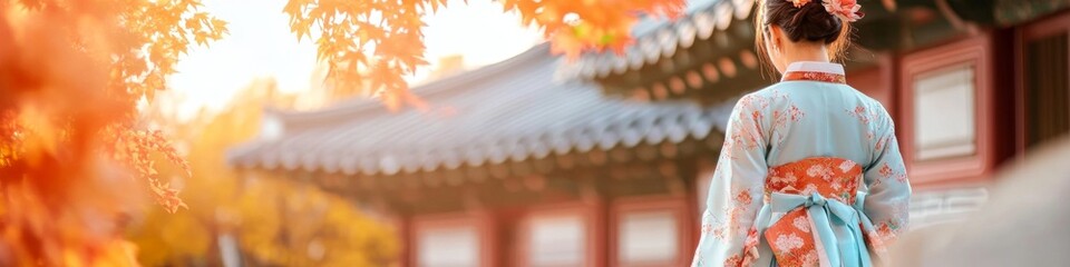 Woman in Hanbok admiring autumn leaves.