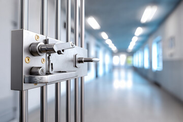 close-up prison cell bars with locking mechanism detail against blurred institutional corridor background