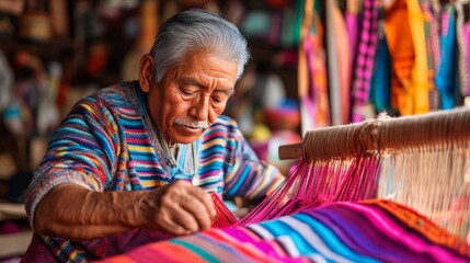 Obraz premium Senior Hispanic man skillfully weaves vibrant textiles on a traditional loom.