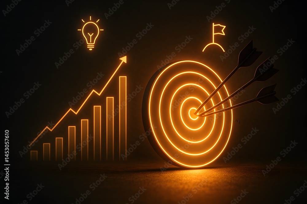 Poster an orange neon arrow rises beside a glowing target bullseye with data bars behind. concept of goal a
