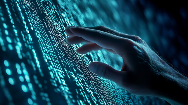 A hand interacting with a digital interface displaying glowing code, symbolizing data manipulation.