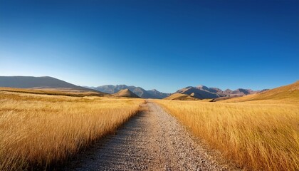 Fototapeta premium a serene landscape featuring a gravel path leading through golden grasslands with distant mountains under a clear blue sky