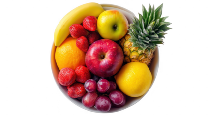 Apple, grape, orange png in the bowl no background for healthy food purpose.