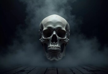 A skull hovers in a dark, foggy space above a glossy black floor. Mysterious mist swirls around, creating an unsettling and atmospheric feeling. Generative AI