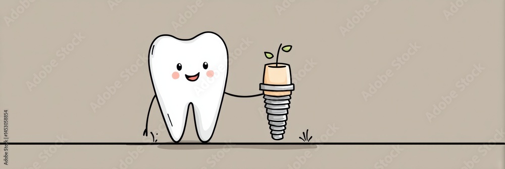 Leinwandbilder Cartoon Tooth Character Smiling While Holding a Tiny Implant With Green Sprout in a Simple Background Setting Generative AI