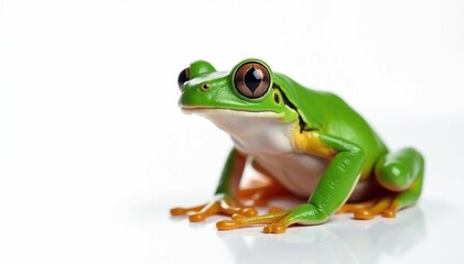 Naklejka premium Green tree frog perched on white, vibrant skin, still, tropical, skin