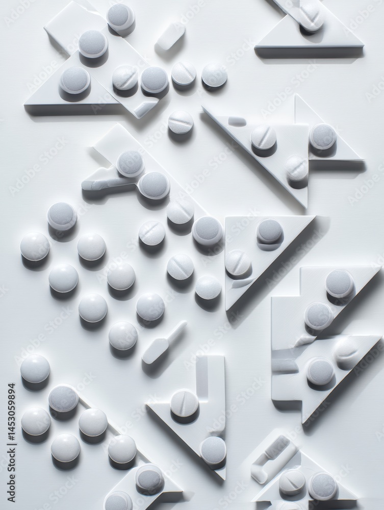 Poster Artistic Minimalist Arrangement of White Pills Creating Geometric Patterns on a Bright Background Generative AI