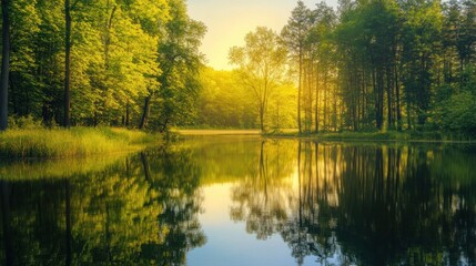 Serene Sunrise: Picturesque Lake Mirroring Golden Forest