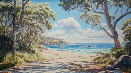 Coastal scenery, a sunlit pathway to the sea.