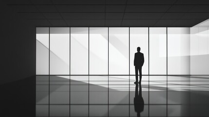 A minimalist silhouette of a businessman stands alone, projecting professionalism and quiet focus in an empty office space