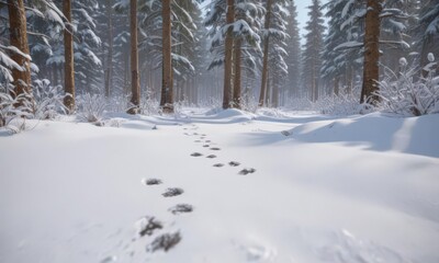 Tiny fox paw prints in fresh snow, winter forest scene, art, graphic, shadow