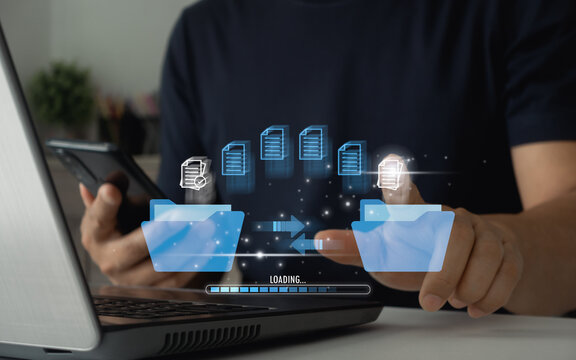 Transfer document of data folder. Data transfer technology concept. FTP(File Transfer Protocol) files recovery computer backup. Cloud backup data download management, Exchange file copy, DMS loading.