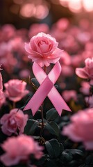 Pink rose with ribbon amidst blurred flowers