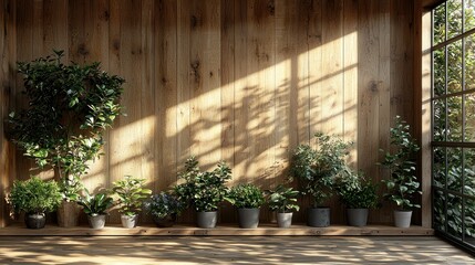 Fototapeta premium Plants in pots on wooden surface with sunbeam