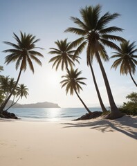 Obraz premium White sand beach, palm trees silhouette, distant island, island, serenity