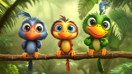 Fototapeta premium Cute birds on a branch in a jungle