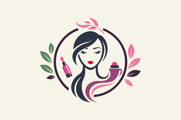 Elegant Woman Beauty Salon Logo Design with Makeup Products