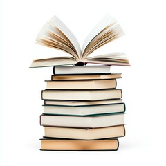 Fototapeta premium A neat stack of books with an open book at the top, perfect for showcasing knowledge and learning on a white backdrop.