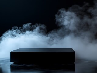 Dark Mysterious Black Cube Platform in Smoke