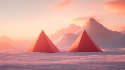 Two Red Pyramids Surrounded By Mountains and Snow at Sunset