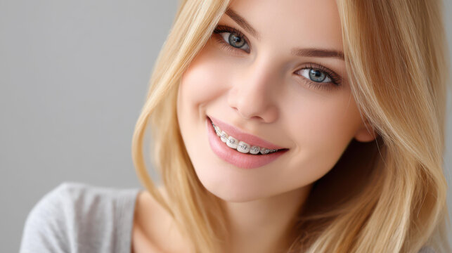 A young woman beams with confidence, showcasing her beautiful smile accented by shiny metal braces, radiating joy.