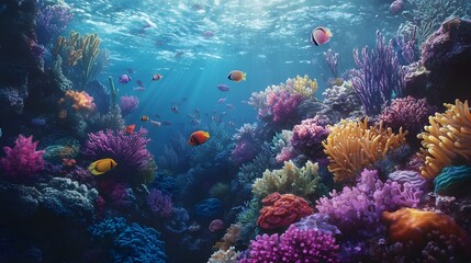 Naklejka premium Underwater Oasis: An enchanting underwater world teeming with life, showcasing vibrant coral reefs and exotic fish, creates a mesmerizing aquatic ecosystem, a testament to nature's artistry.