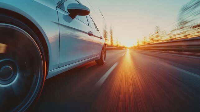 Silhouette of car speeding on highway at sunset.