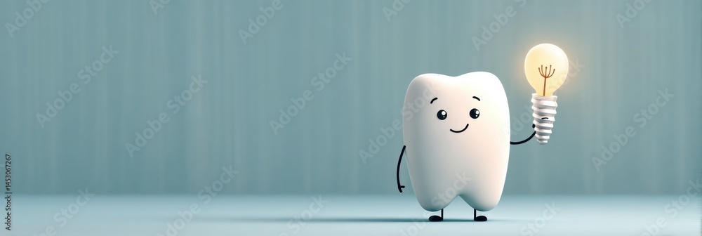 Aufkleber cartoon tooth character with a smile holds a tiny dental implant in a bright and cheerful setting ge