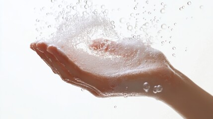 Fototapeta premium Hand holding soap and water, making a froth. Personal care, cleanliness and hygiene concept.