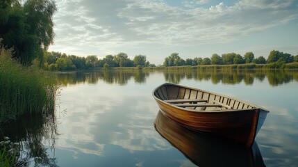 Fototapeta premium Wooden rowboat floating peacefully on a calm lake reflecting the sky above