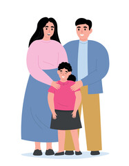 
Happy family together. Dad mom and daughter stand next to each other, care, support each other. Vector flat graphics.