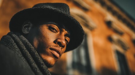 A young man poses with confidence on an urban street, wearing a stylish hat and scarf. The warm light of the golden hour highlights the textures of his attire and the city backdrop