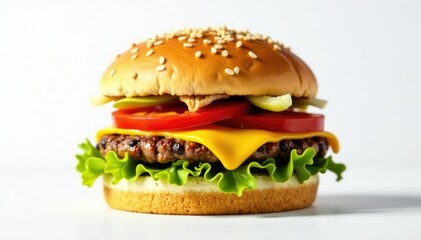 A juicy burger on a white background, no other elements , patty, lunch