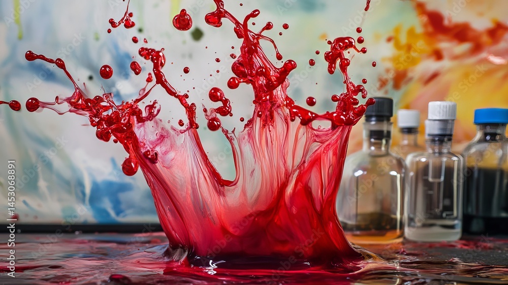 Poster vibrant red liquid splashing dynamically abstract background art drop color paint water vivid fluid