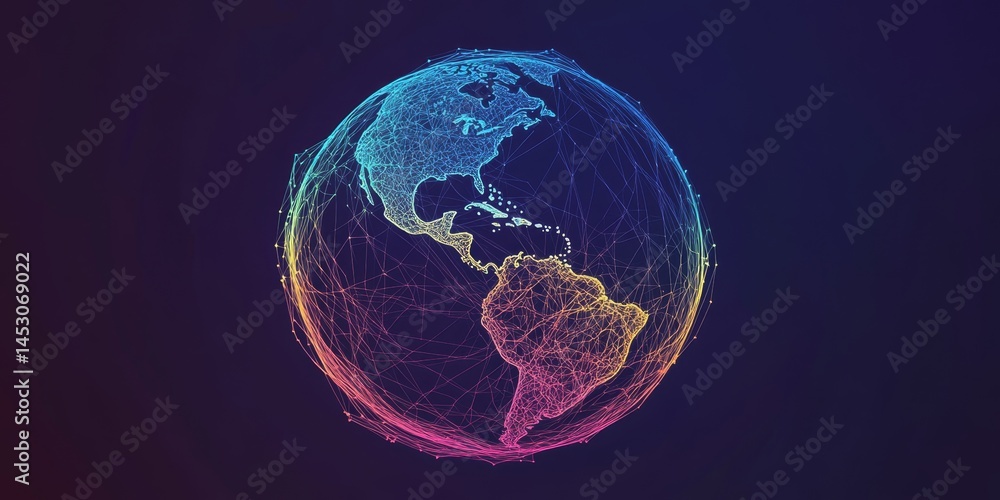 Poster networked globe representing interconnectedness of world nations and internet traffic.