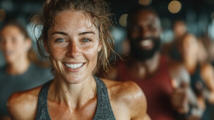 Fototapeta premium Dedicated individuals engage in a vigorous workout session at the gym, smiling and supporting each other while cultivating a lively atmosphere. The energy is infectious