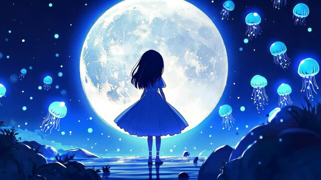 A graceful fairy girl takes flight under the glowing full moon, surrounded by ethereal jellyfish in a dreamy scene.