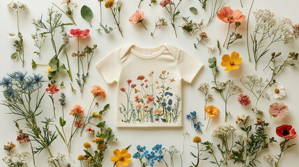 Soft, cream-colored baby tee, adorned with a vibrant floral print, surrounded by a profusion of real flowers