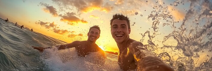 Two men in the ocean at sunset, sharing a joyful moment together.